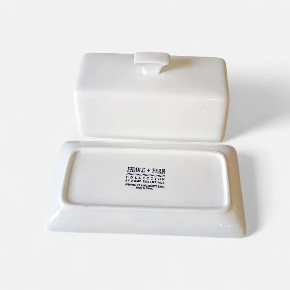 Fiddle + Fern Covered Butter Dish 8-Inch White Butter Keeper Crock Farmhouse